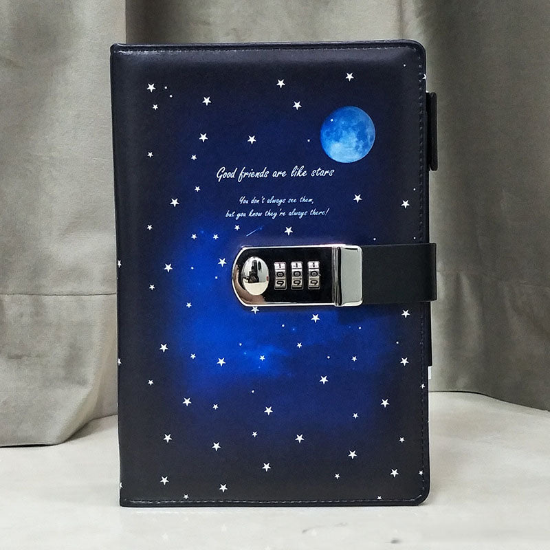 Carnet de rêves avec une couverture étoilée et un croissant de lune lumineux, idéal pour capturer des pensées et souvenirs nocturnes.