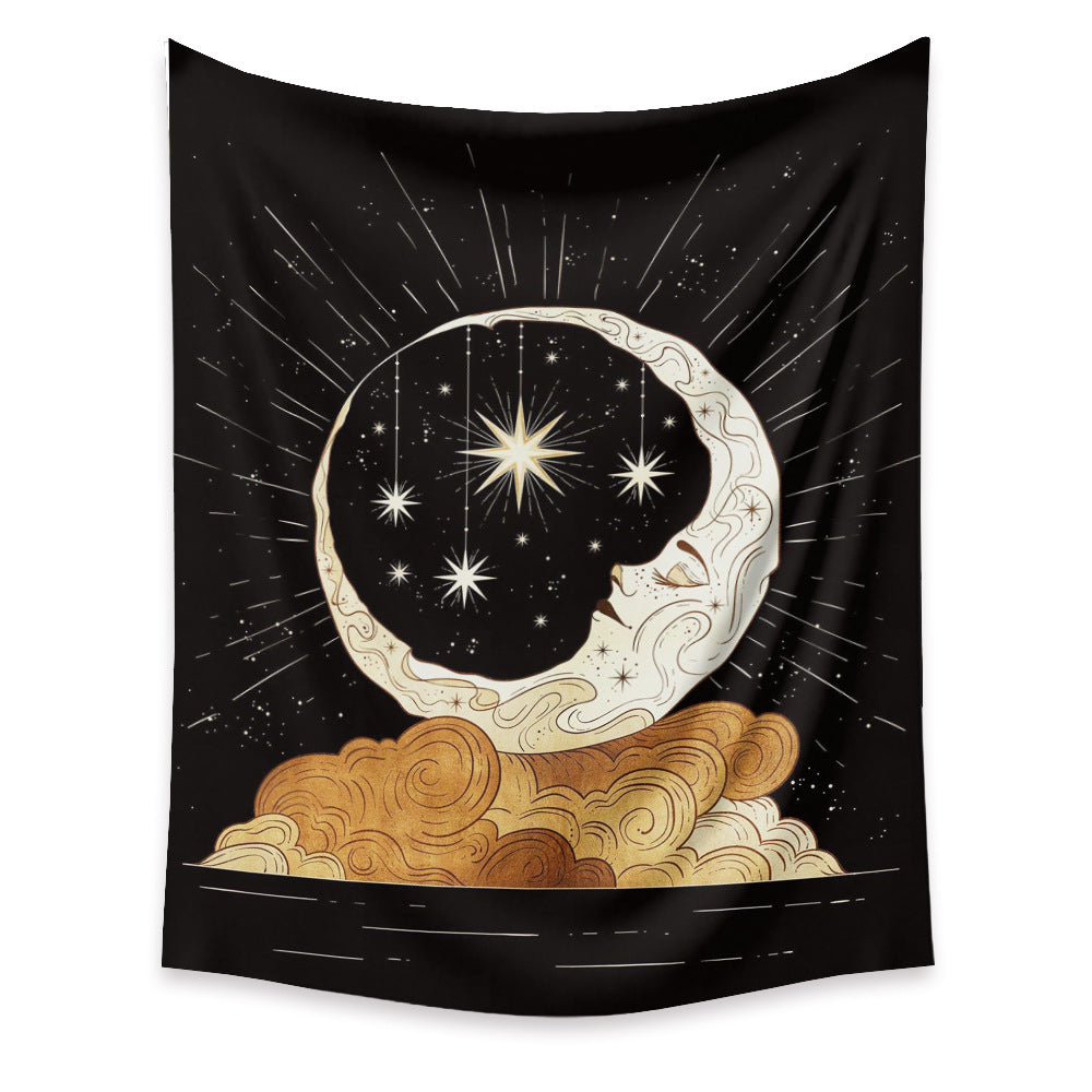 Tapisserie illustrant un croissant de lune reposant sur des nuages, avec des étoiles scintillantes à l’intérieur, créant une atmosphère céleste et apaisante.