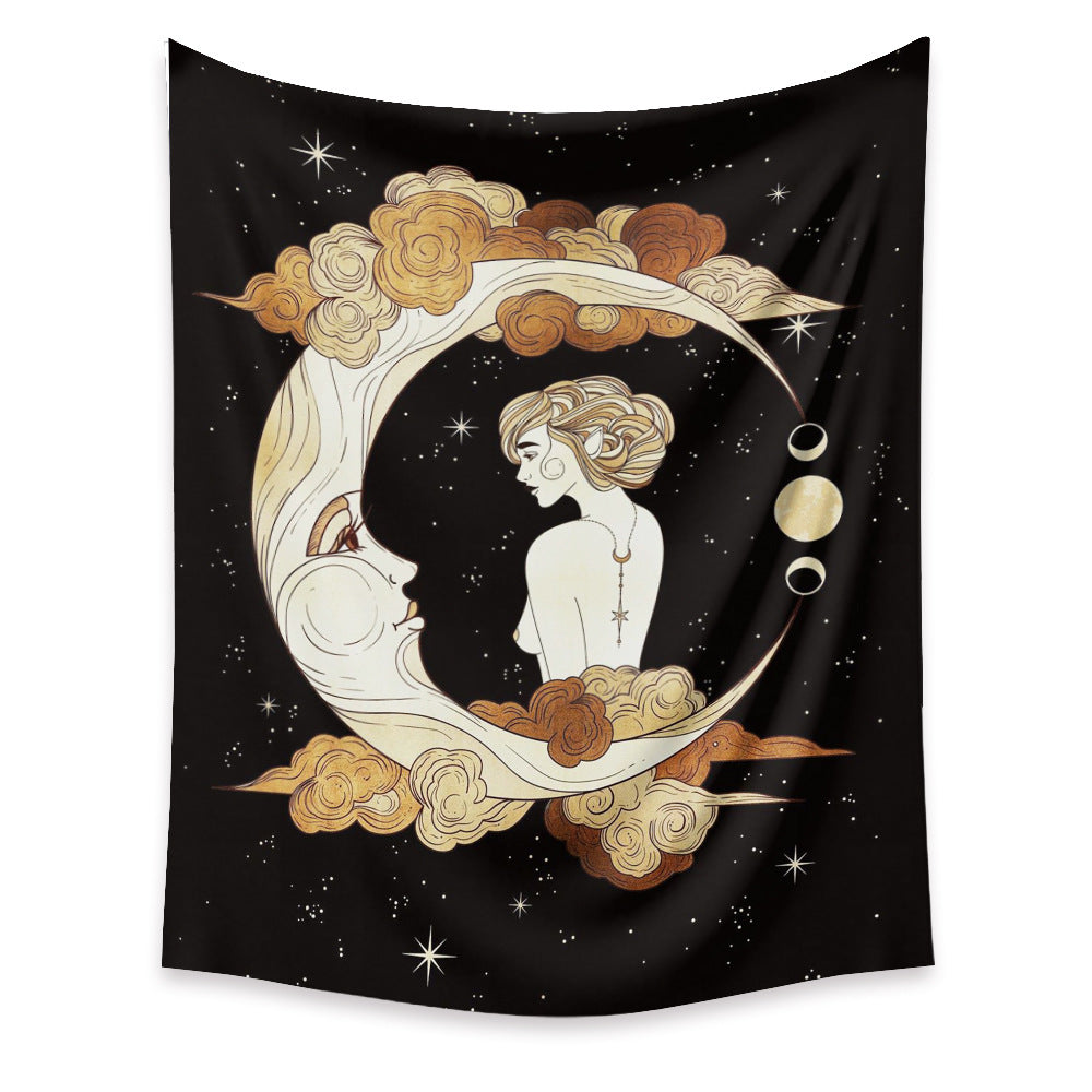 : Tapisserie représentant un croissant de lune entouré de nuages, avec une silhouette féminine en son centre, apportant une touche onirique et poétique à votre intérieur.