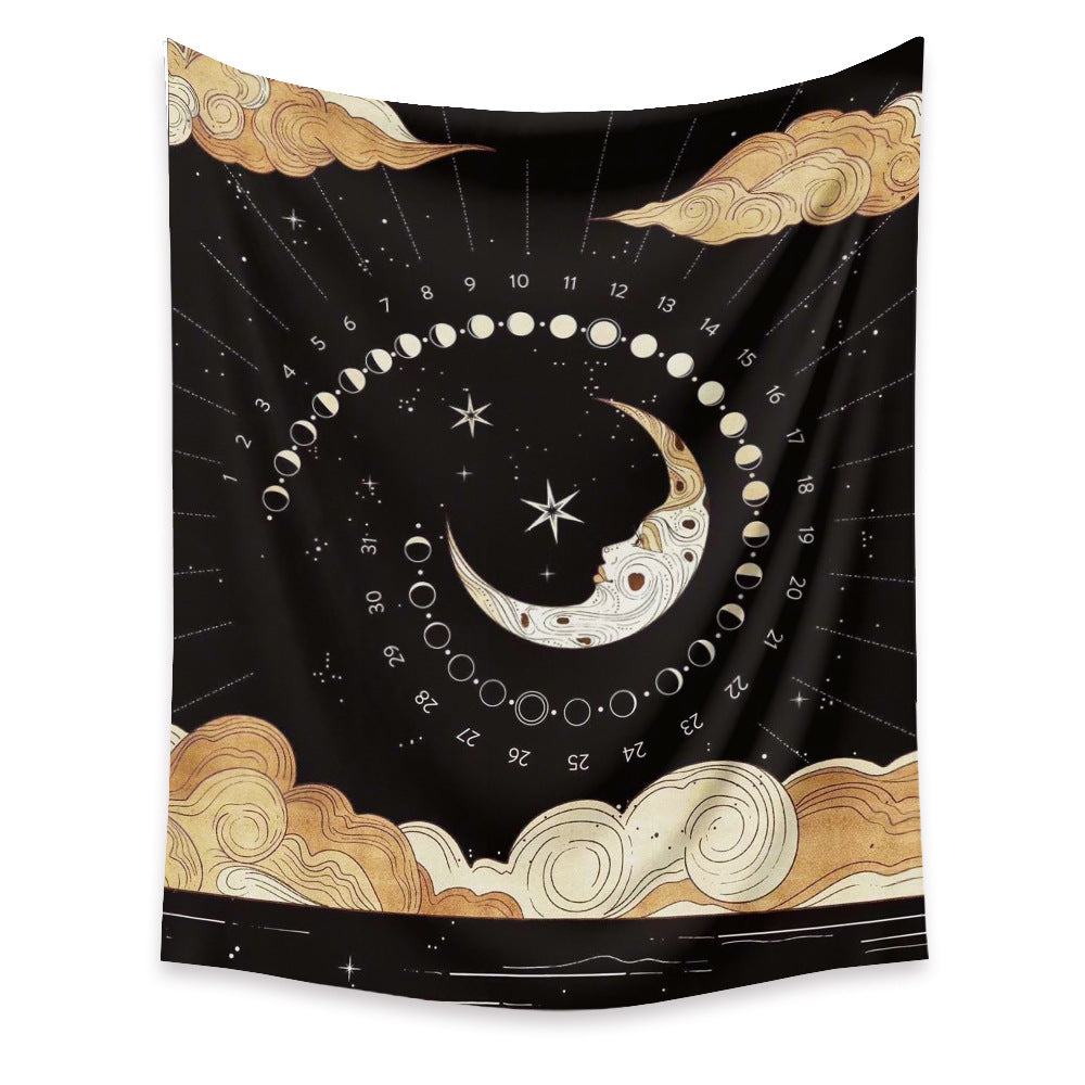 Tapisserie affichant un croissant de lune entouré de nuages, accompagné d’éléments en rotation représentant les différentes phases lunaires, idéale pour une décoration astrale et inspirante.