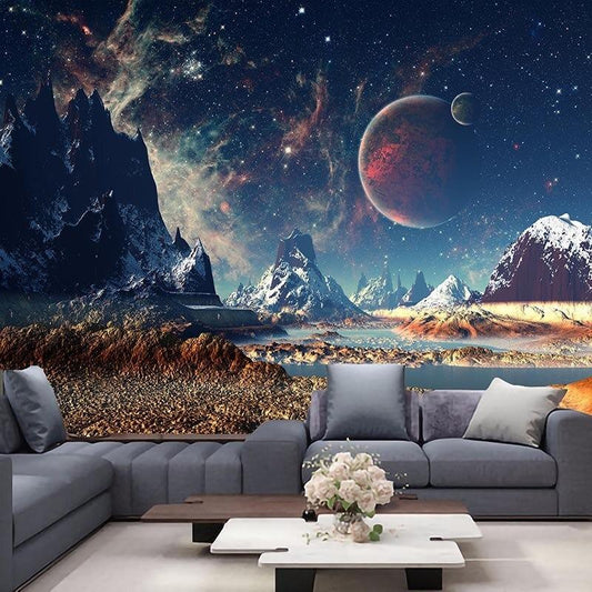 Tapisserie aux nuances galactiques, évoquant un voyage à travers l’univers et l’infini.
