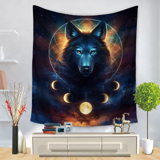 Tapisserie aux motifs naturels et spirituels, évoquant la puissance brute de la nature et des animaux totems.