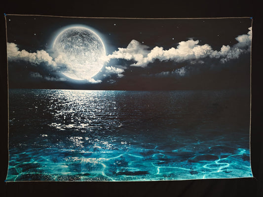 Tapisserie représentant une lune illuminant un océan calme, idéale pour une atmosphère apaisante et rêveuse.