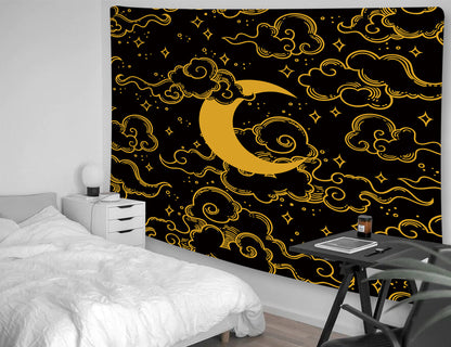  Tapisserie mettant en scène une lune paisible flottant dans un ciel nocturne doux et apaisant , vu de coter
