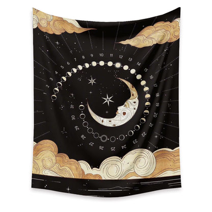 Tapisserie affichant un croissant de lune entouré de nuages, accompagné d’éléments en rotation représentant les différentes phases lunaires, idéale pour une décoration astrale et inspirante.