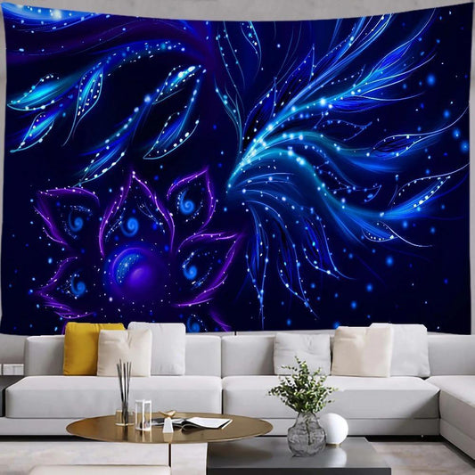 Tapisserie immersive avec des nuances de bleu profond, évoquant un rêve mystique et céleste.
